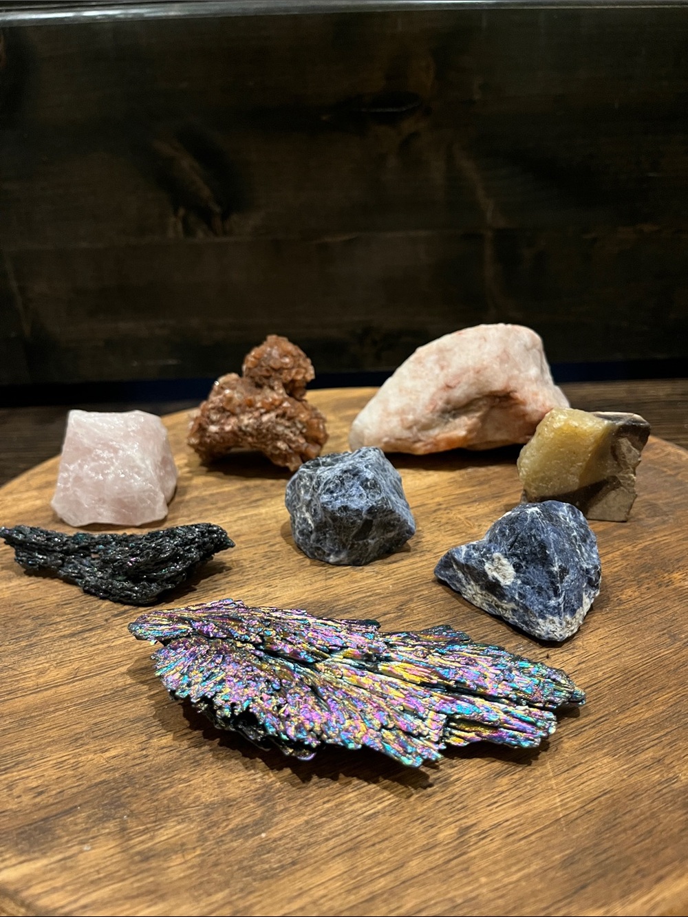 Lot of 8 Mixed Raw Crystals Rainbow Kyanite, Sodalite, Caimanite, Rose Quartz